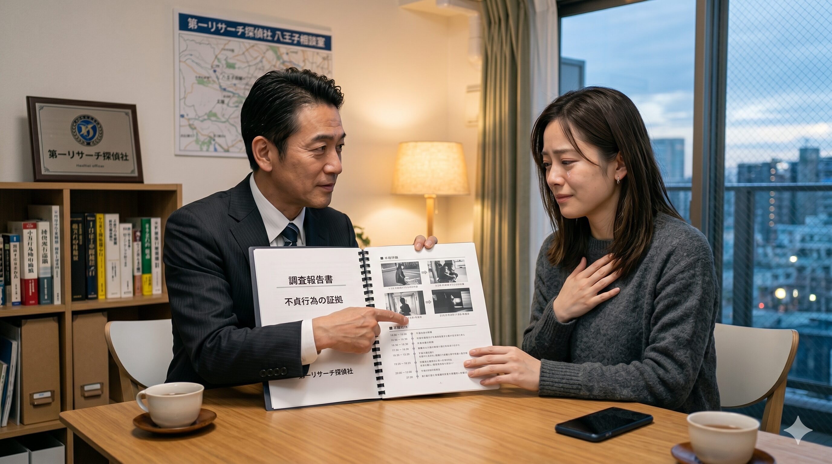 第一リサーチ探偵社の相談室で報告書を見て安堵する女性