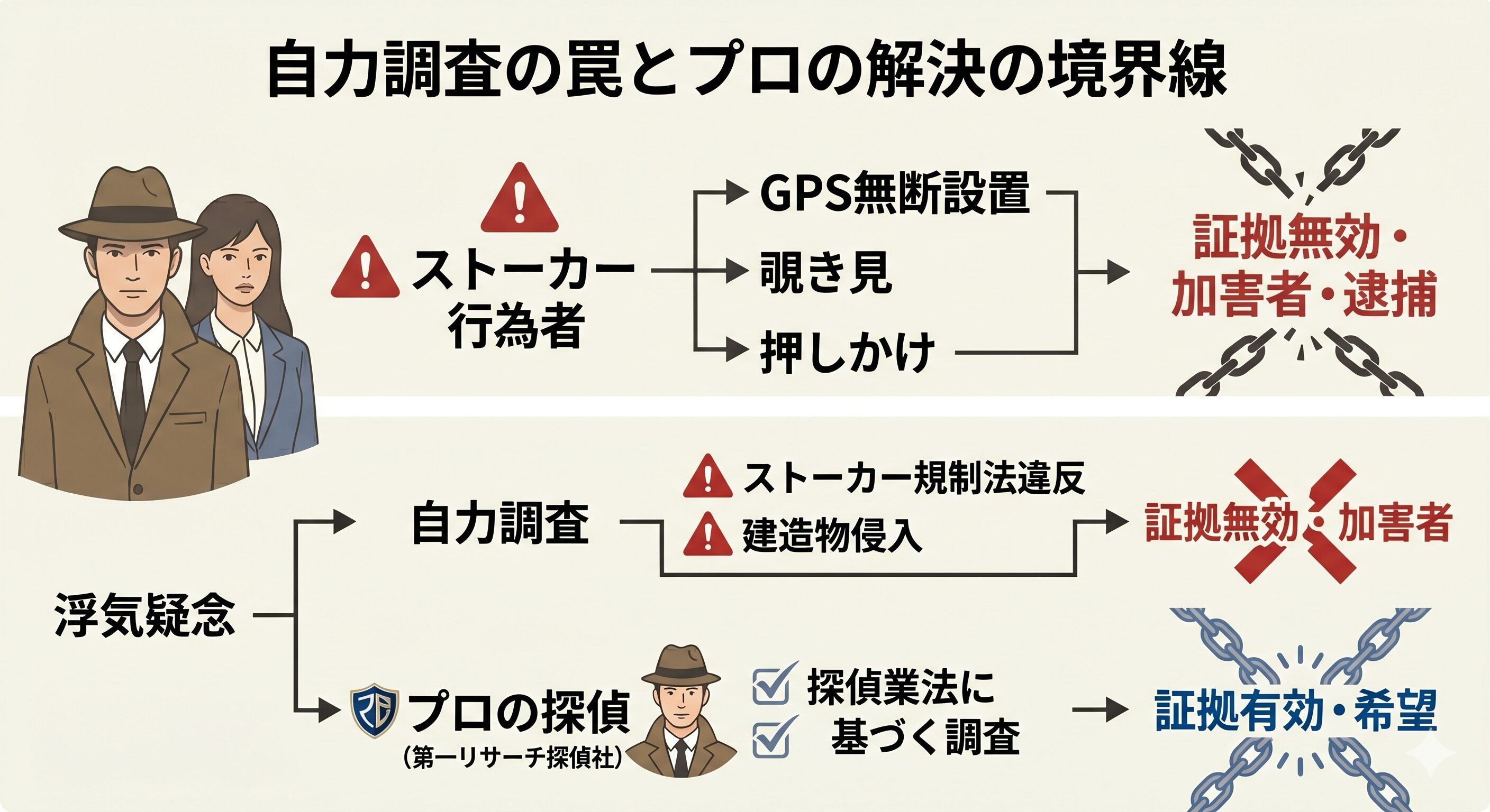 ストーカー行為者とプロの探偵の違い