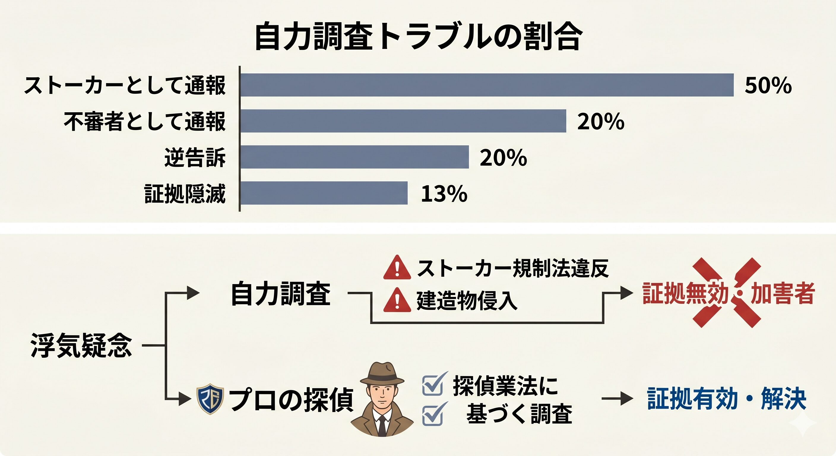 ストーカーの自力調査のトラブルの割合