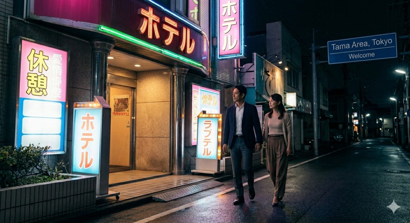 夜の多摩エリア・ラブホテル街で浮気の証拠を撮影する女性探偵
