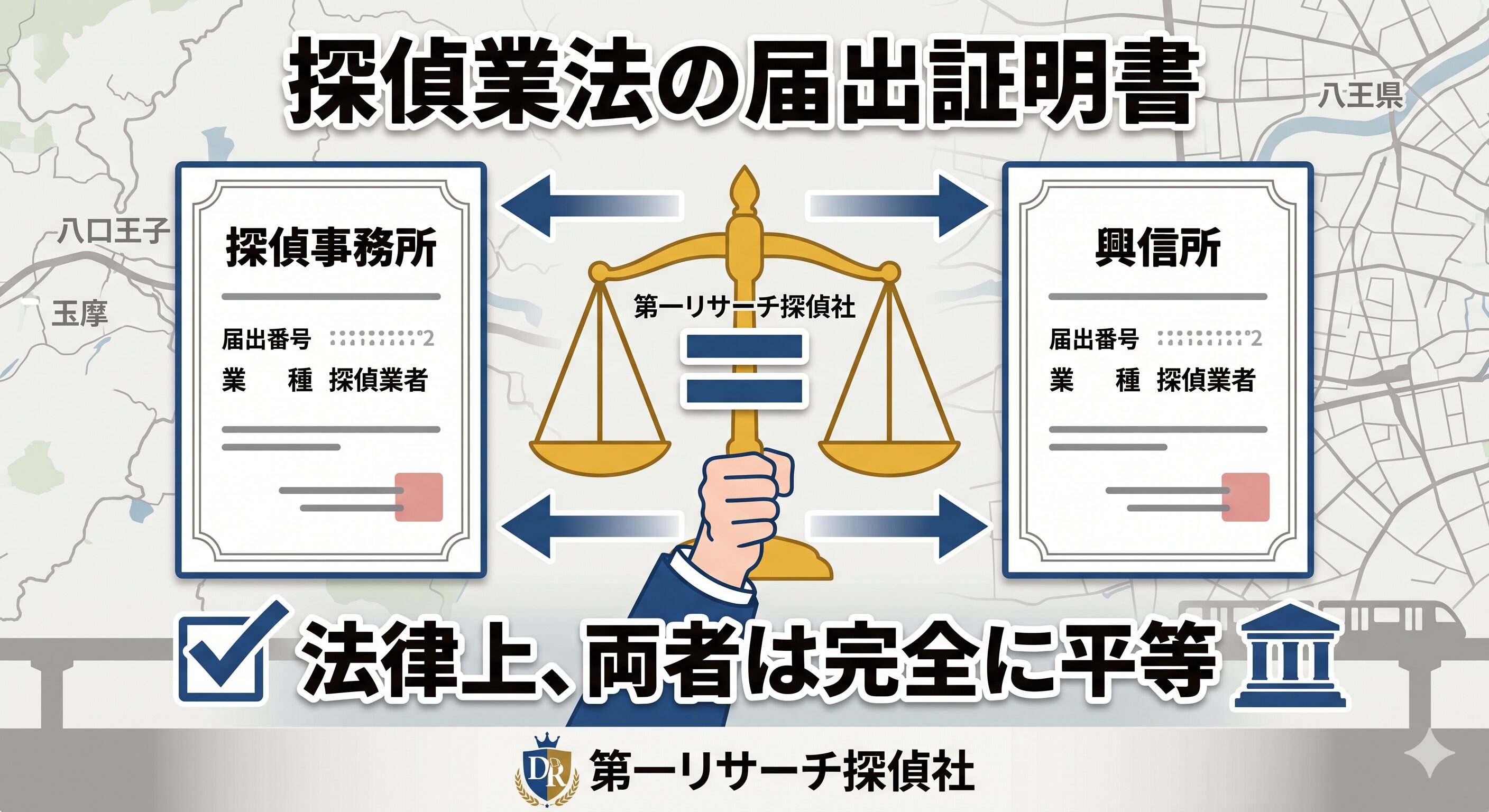 探偵業法の届出証明書に基づき、探偵事務所と興信所が法律上完全に平等であることを示す天秤の図解。下部には『第一リサーチ探偵社』の文字
