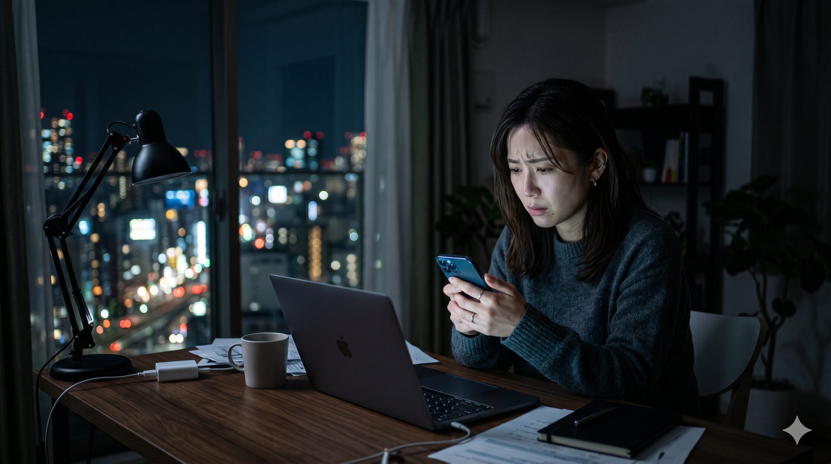 不安な表情でスマホとパソコンを見つめる女性