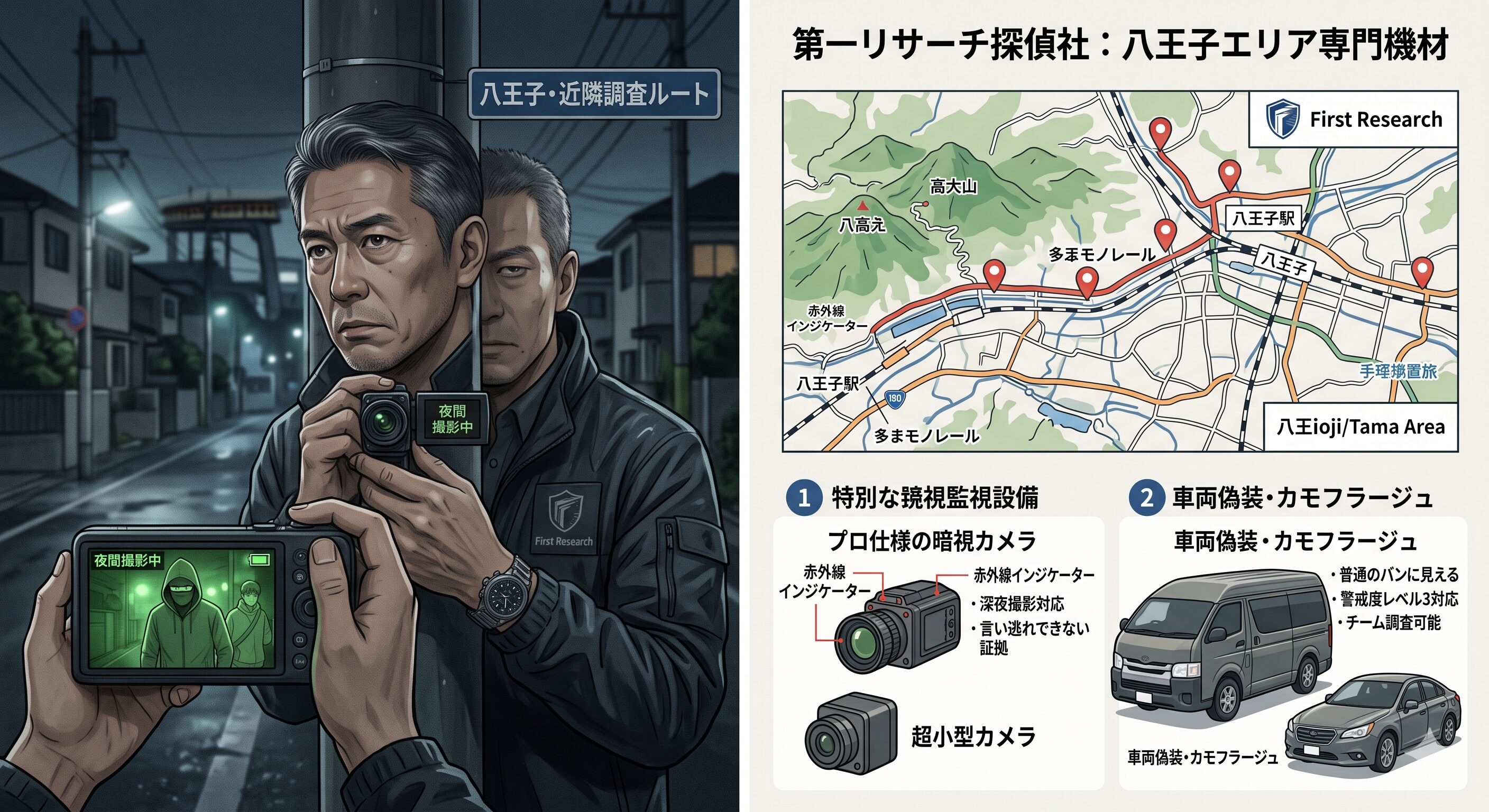 深夜の住宅街で、暗視カメラ等の専門機材を駆使し、悟られずに浮気対象者を尾行・撮影している探偵の緊迫した様子