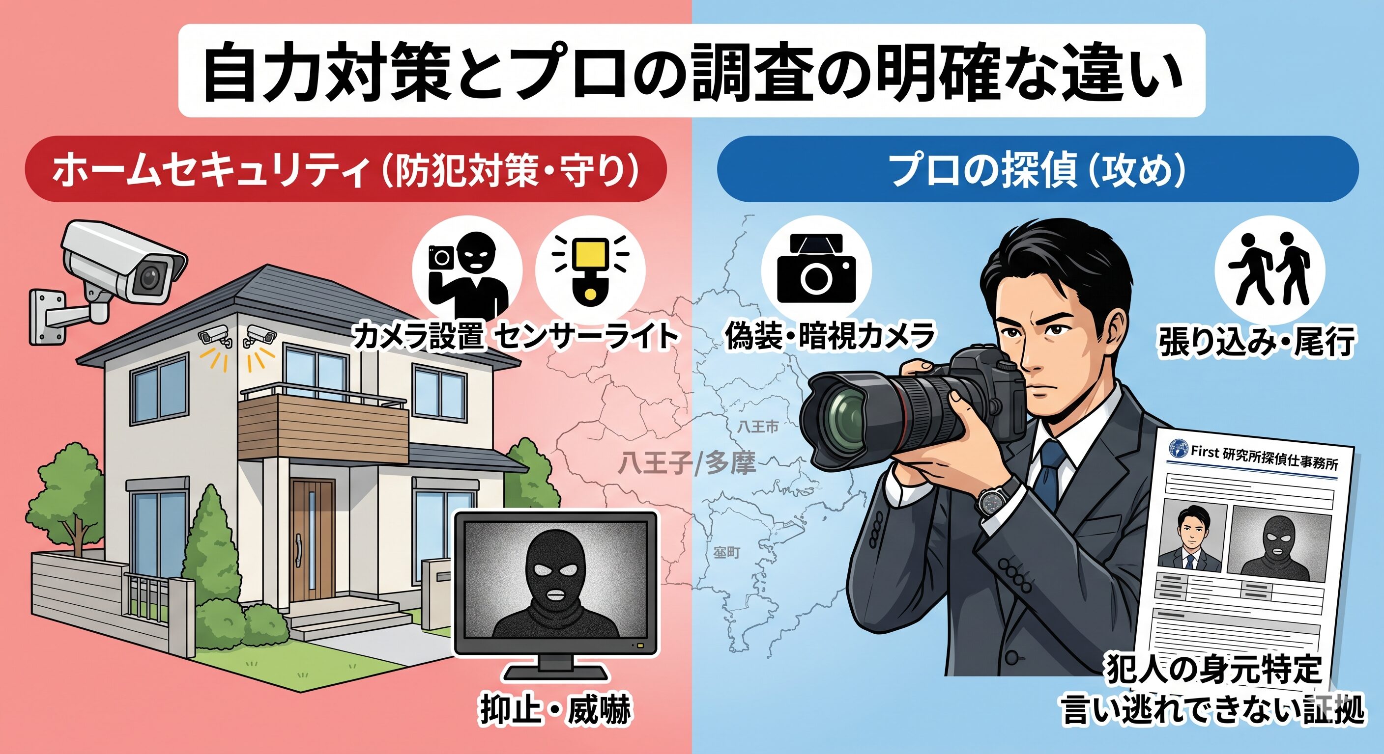防犯カメラ等のホームセキュリティ（守り）と、探偵の特殊機材・尾行による犯人特定（攻め）の明確な違いを比較したイラスト