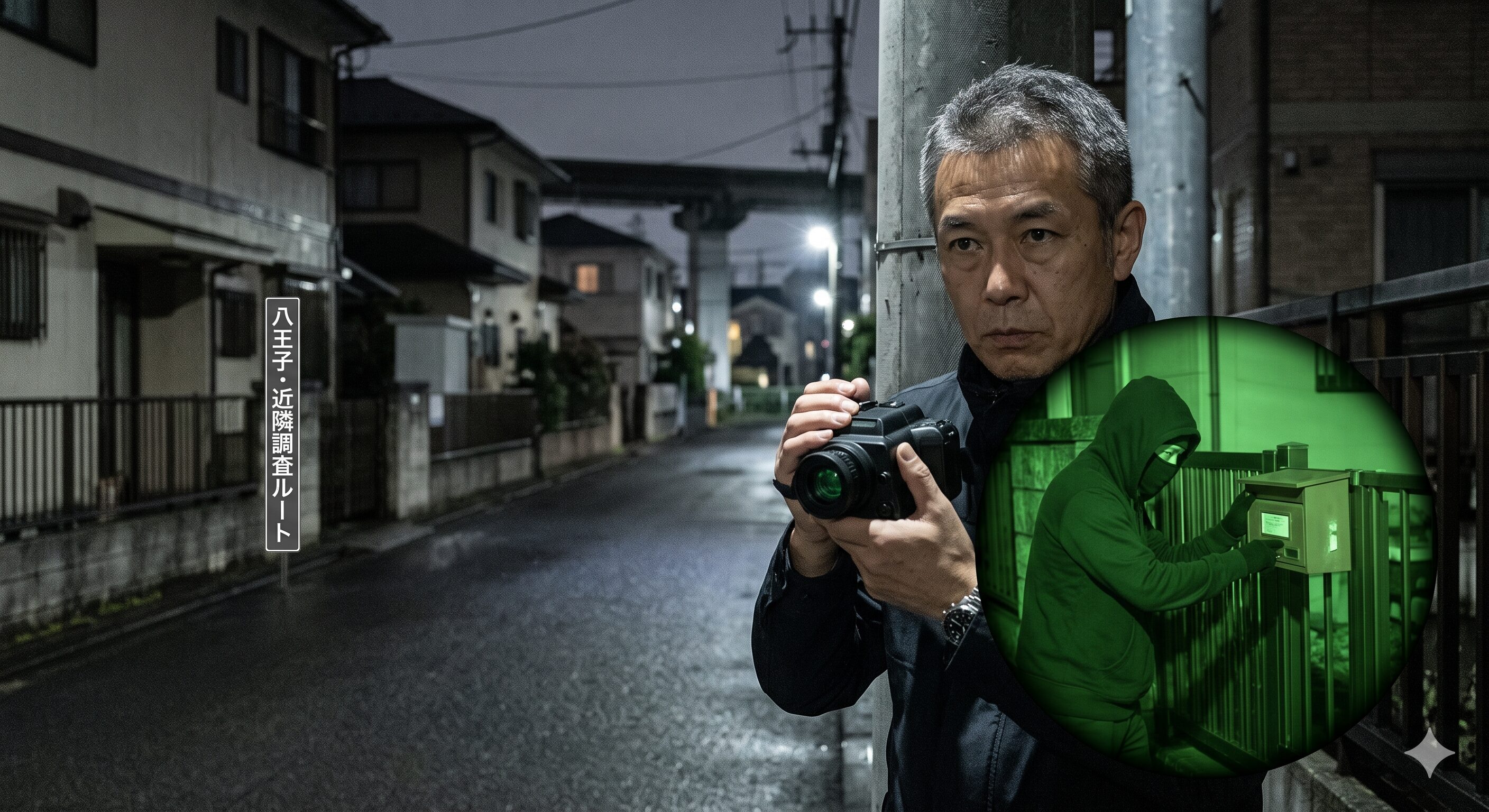 深夜の住宅街でポストへ嫌がらせを行う犯人の決定的な瞬間を、探偵が暗視カメラを使って悟られずに撮影している張り込み調査の様子