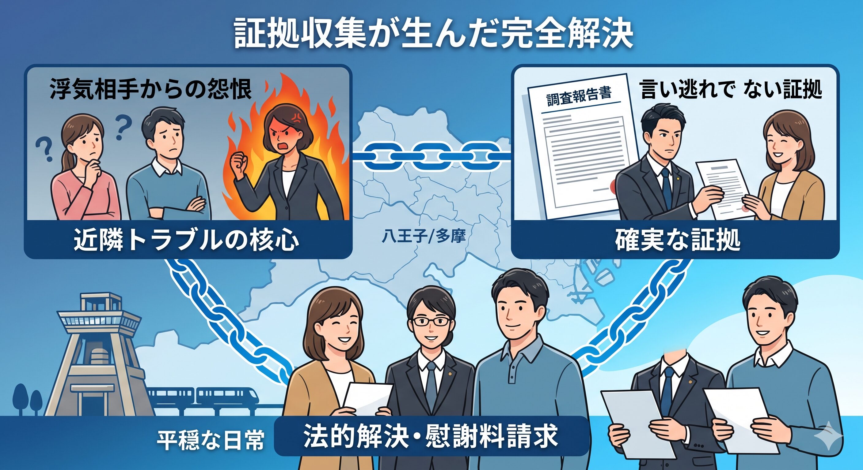 近隣トラブルの真の原因である浮気相手からの怨恨を探偵の証拠収集で暴き、慰謝料請求などの法的解決と平穏な日常を取り戻すまでの流れを示す図