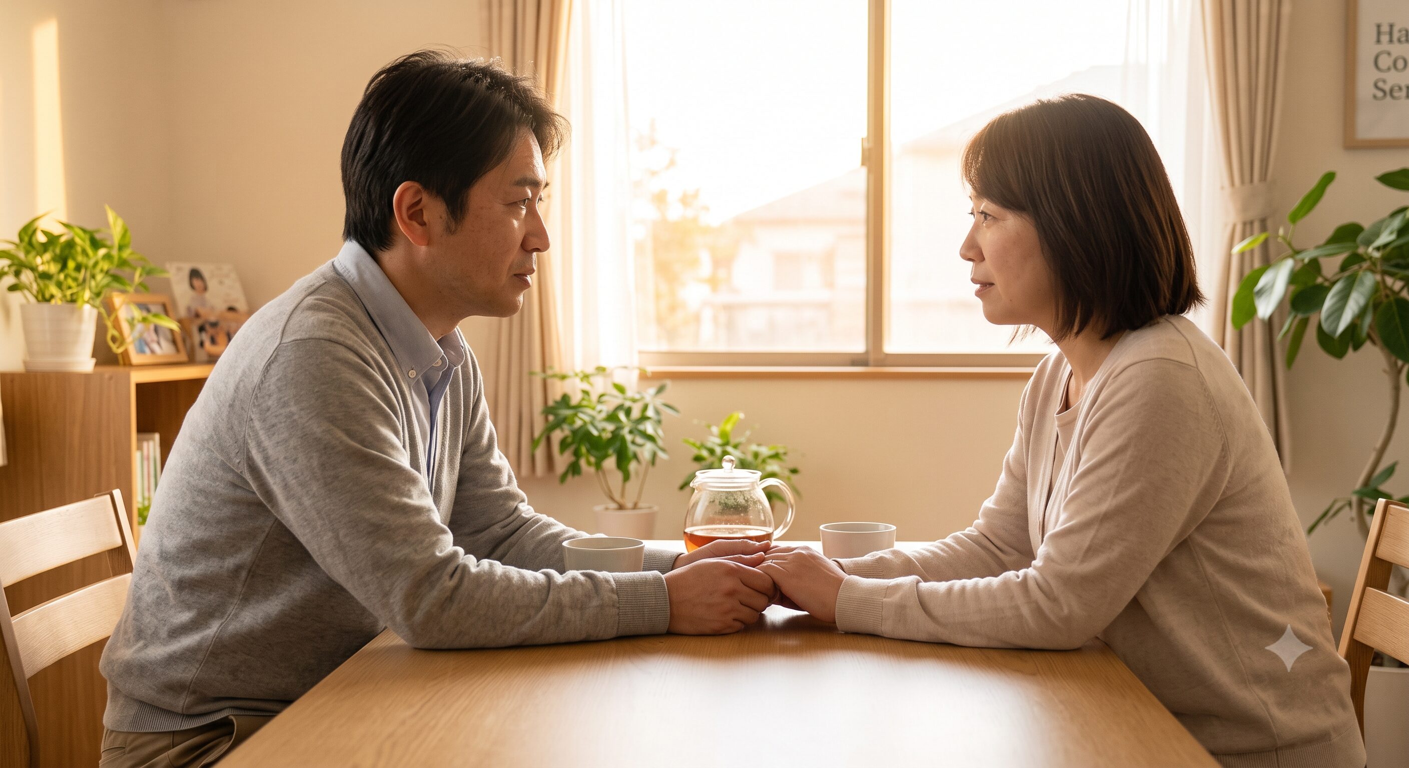 自宅のリビングで、確実な証拠をお守りに夫婦が対等な立場で向き合い、再構築に向けて真剣に話し合っている様子