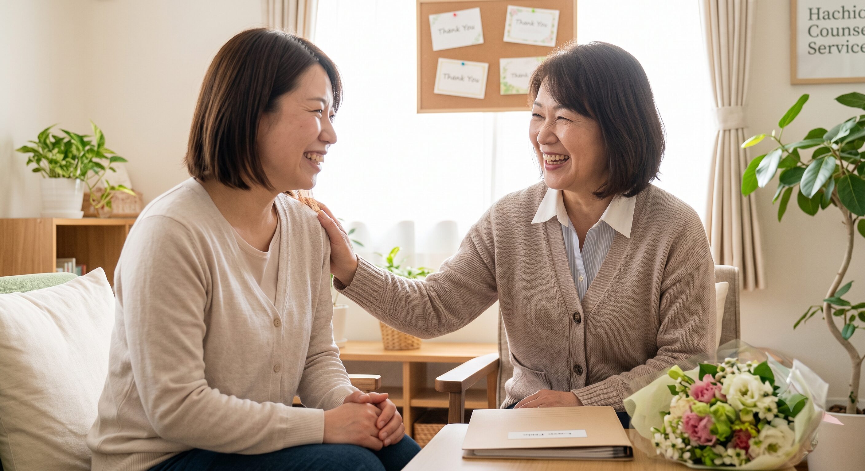探偵社の相談室で、確実な証拠をもとに夫からの謝罪を受け、満面の笑顔を見せる依頼者（サレ妻）と自分のことのように喜ぶ相談員の様子