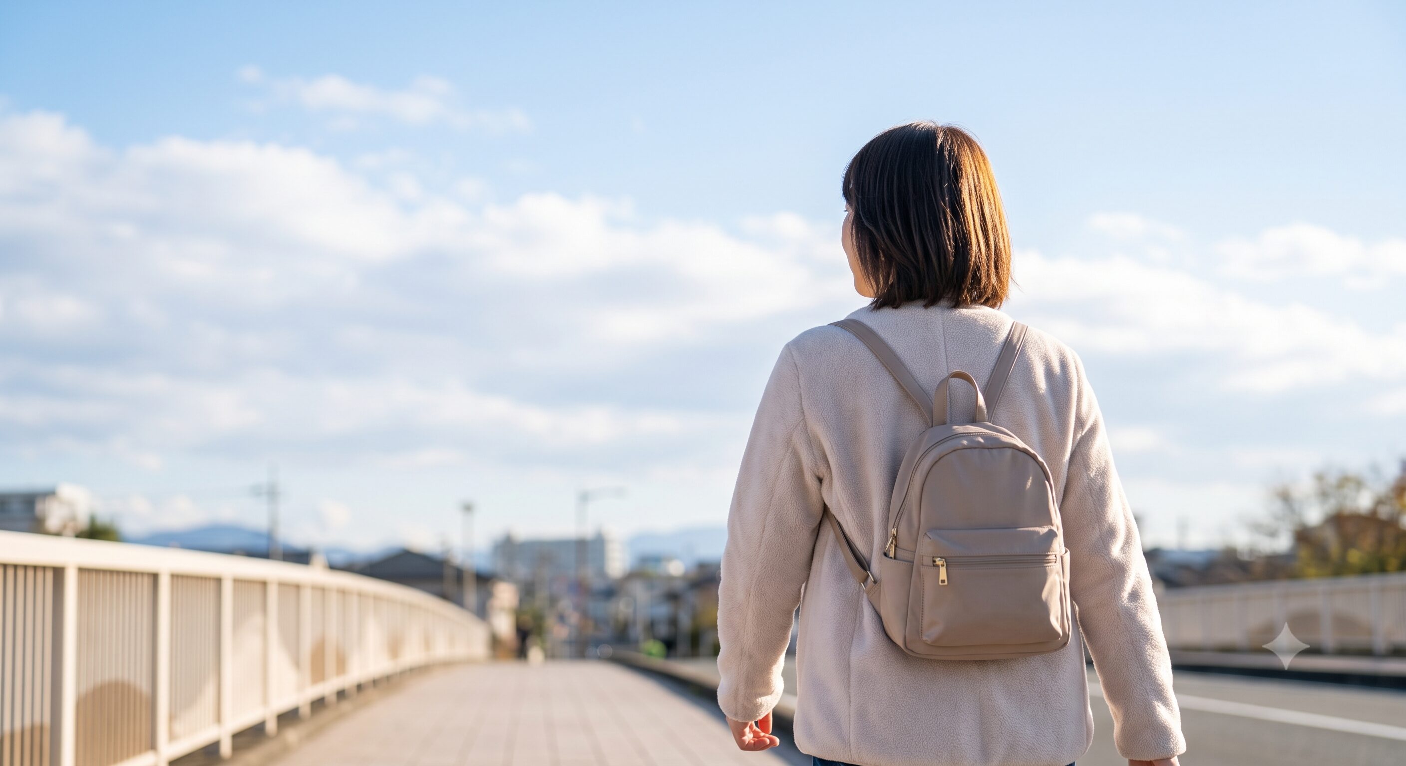 澄み渡る青空の下、再構築という新たな未来への希望を持ってしっかりと前を向いて歩き出す女性の後ろ姿