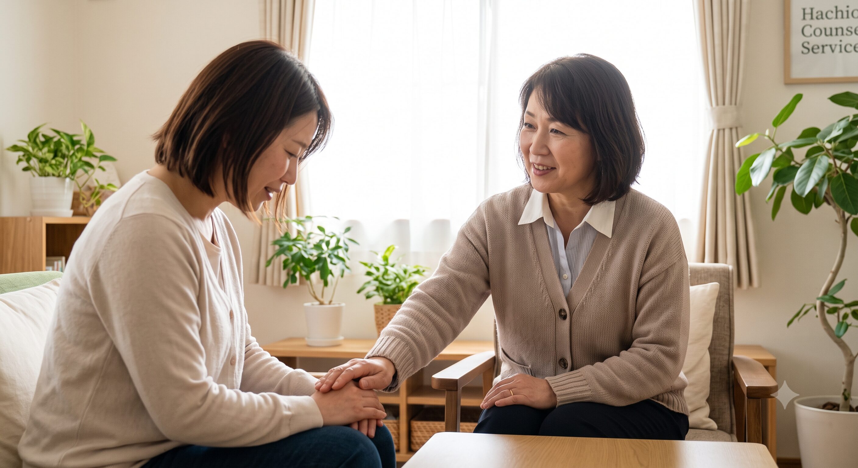 八王子の第一リサーチ探偵社にて、夫の不倫に悩む女性に優しく寄り添い、話を聞く相談員。再構築を目指す方をサポートする温かい雰囲気。