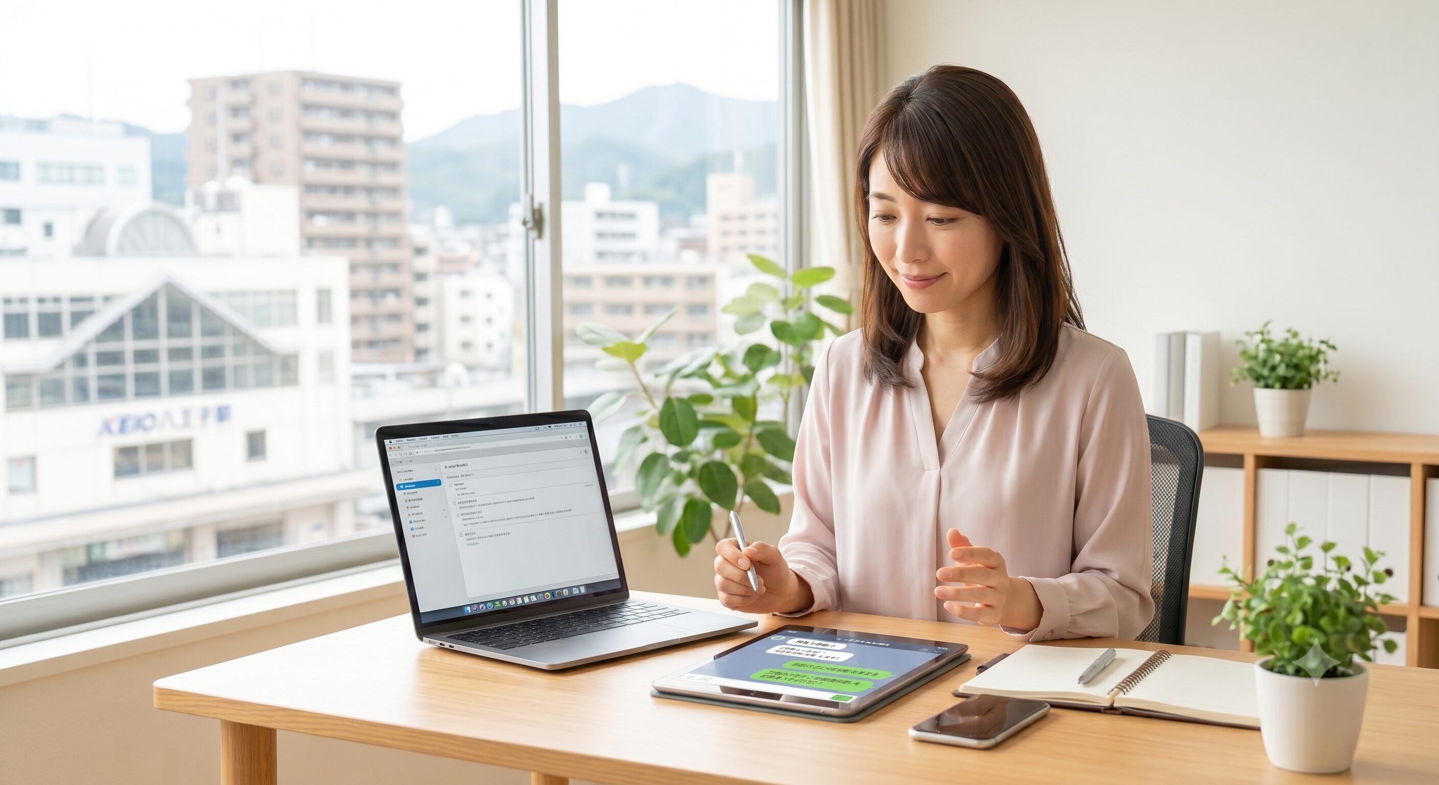 デスクでタブレットやPCを前に多様な相談手段に対応する女性カウンセラー