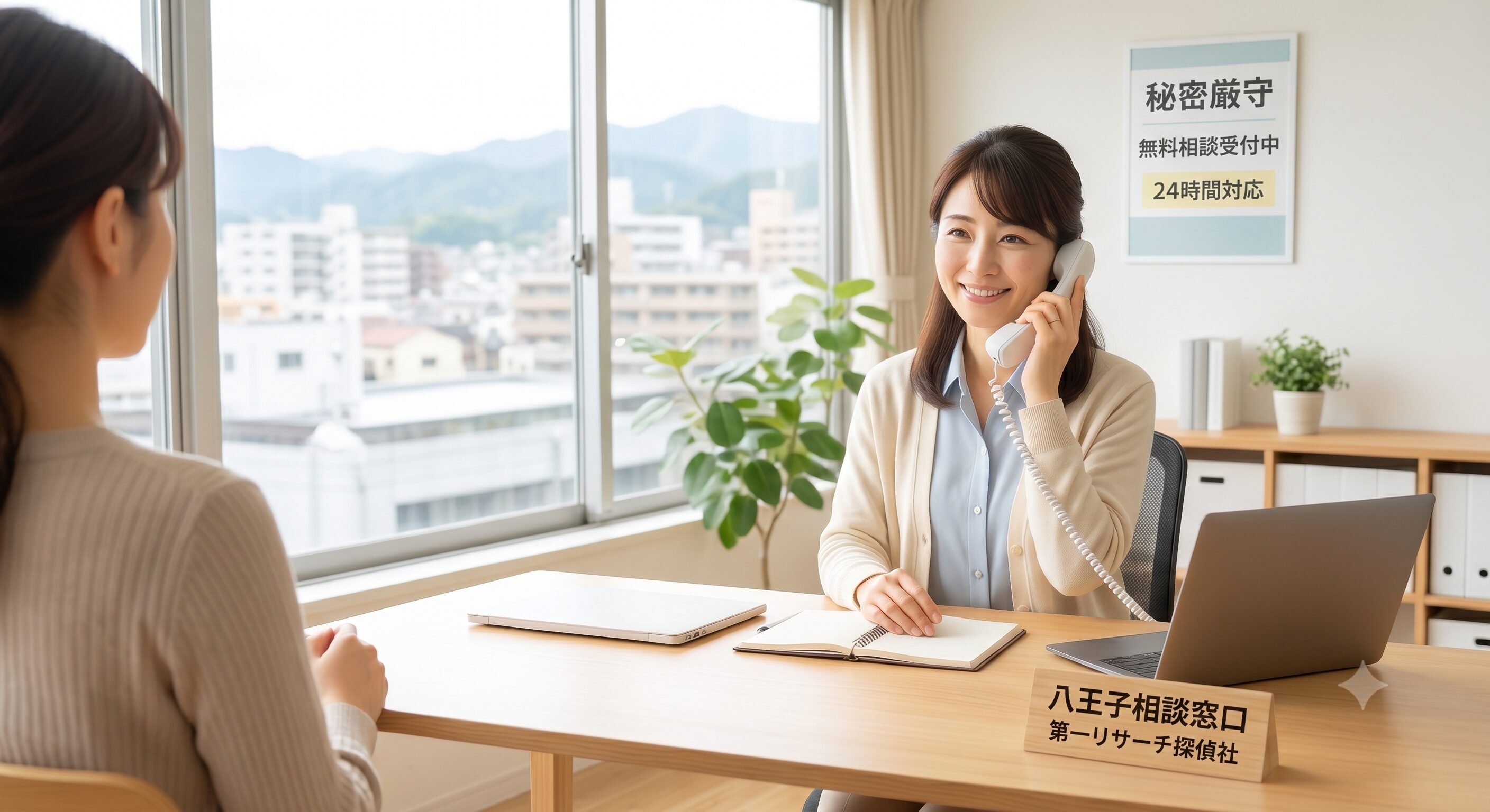 八王子相談窓口で優しく電話対応する第一リサーチ探偵社の女性カウンセラー