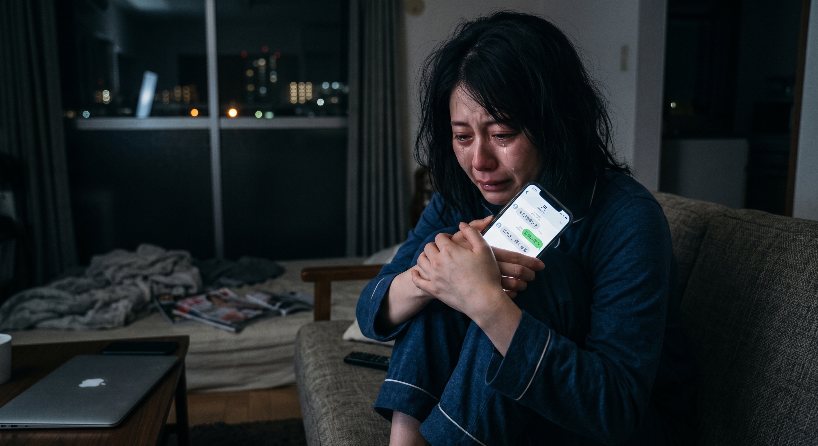 スマホを握りしめ、暗い部屋で不安に震えながら涙を流す女性