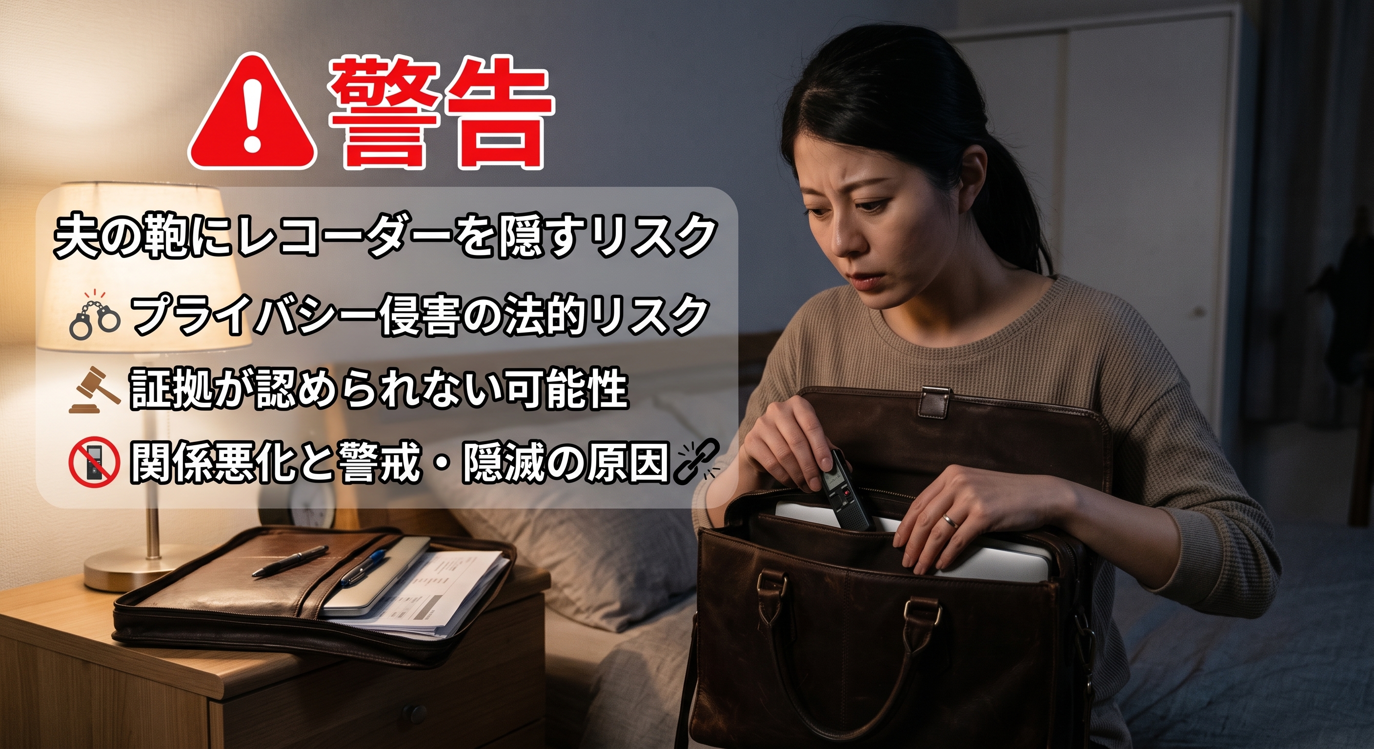 夫の鞄にボイスレコーダーを隠すなど、自力で証拠集めをする際のリスクと警告