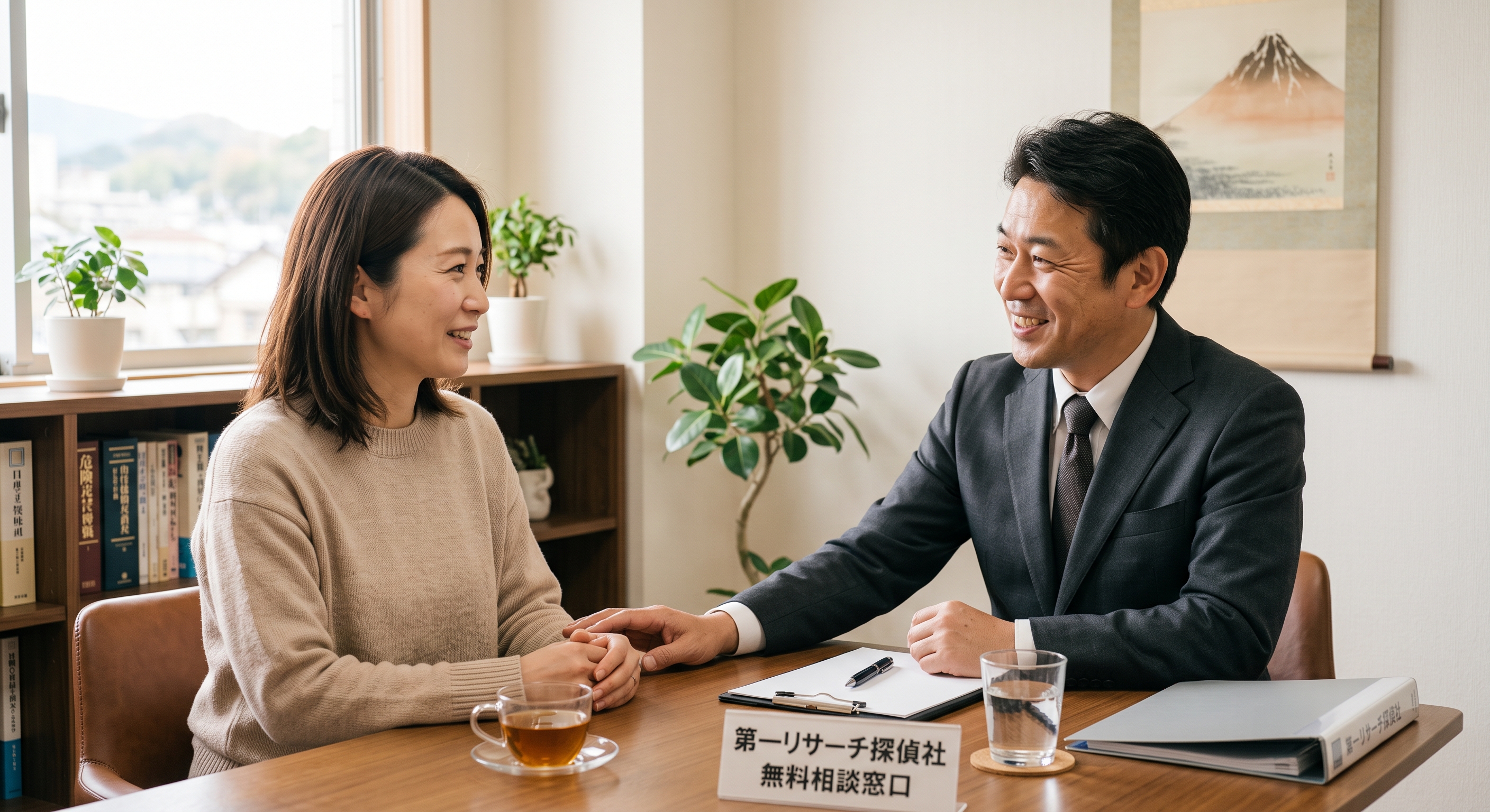 第一リサーチ探偵社での親身で温かい面談・カウンセリング風景。依頼者の心に寄り添うスタッフ