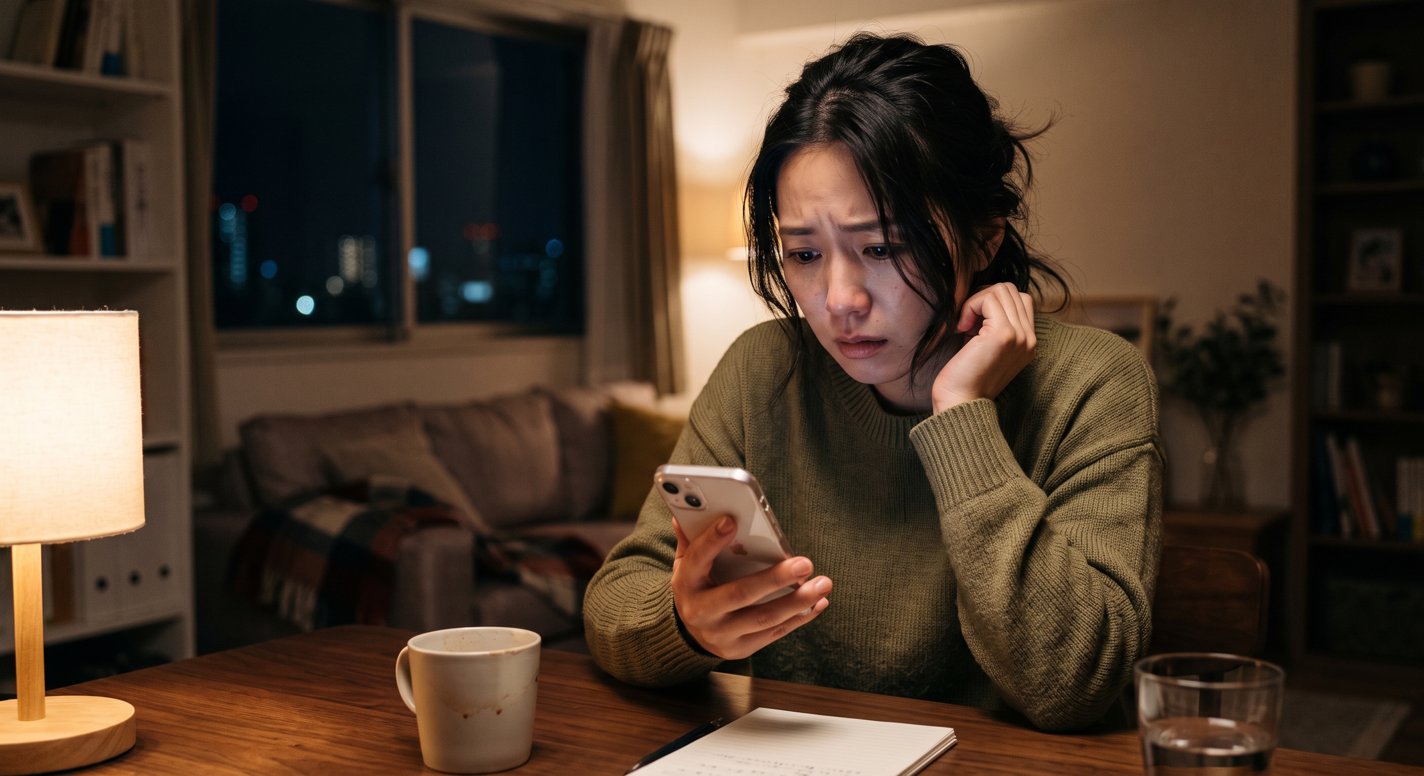 夫の浮気に悩み、不安な表情でスマートフォンを見つめる女性