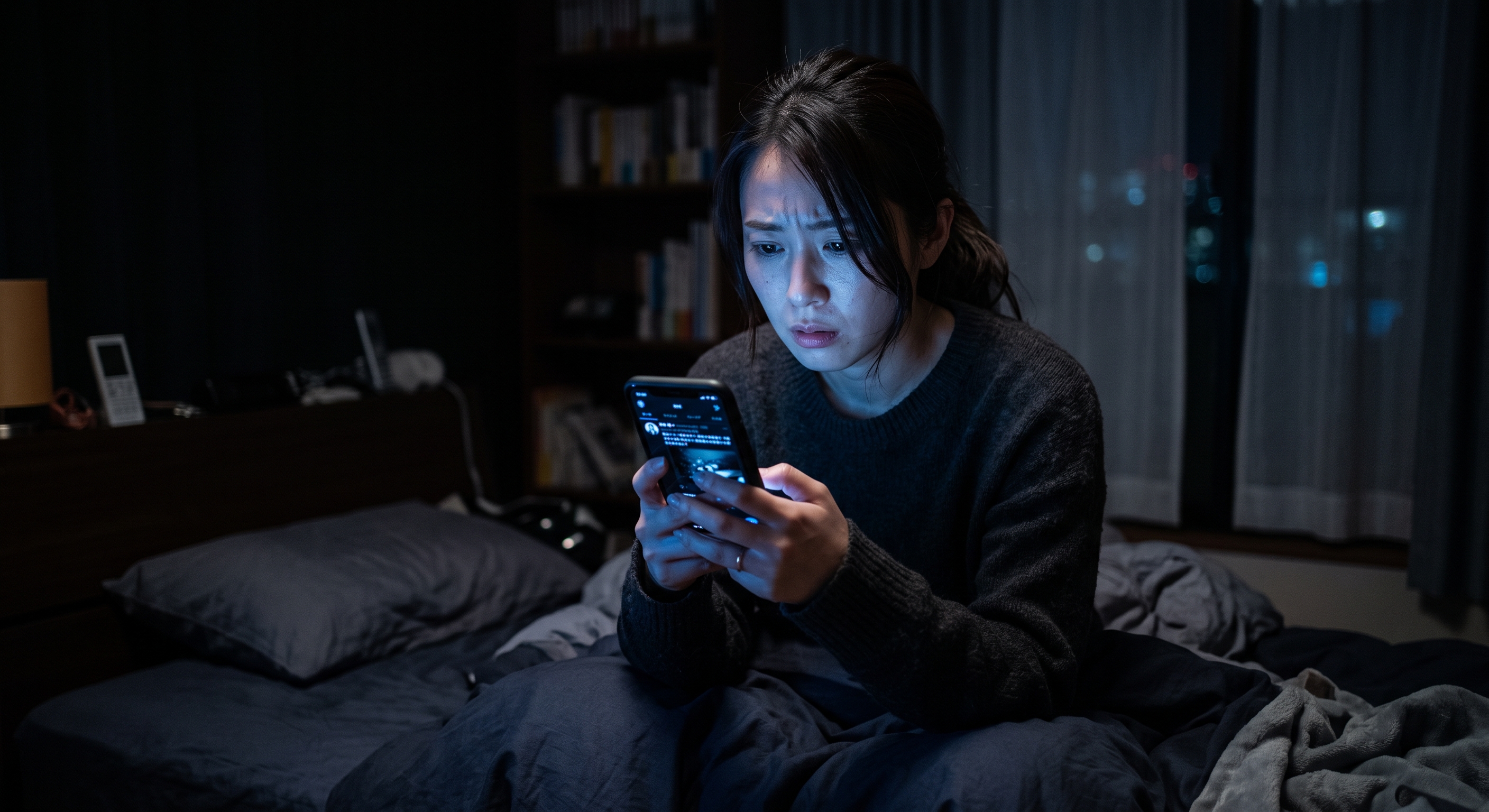 暗い部屋でスマートフォンを不安そうに見つめる女性