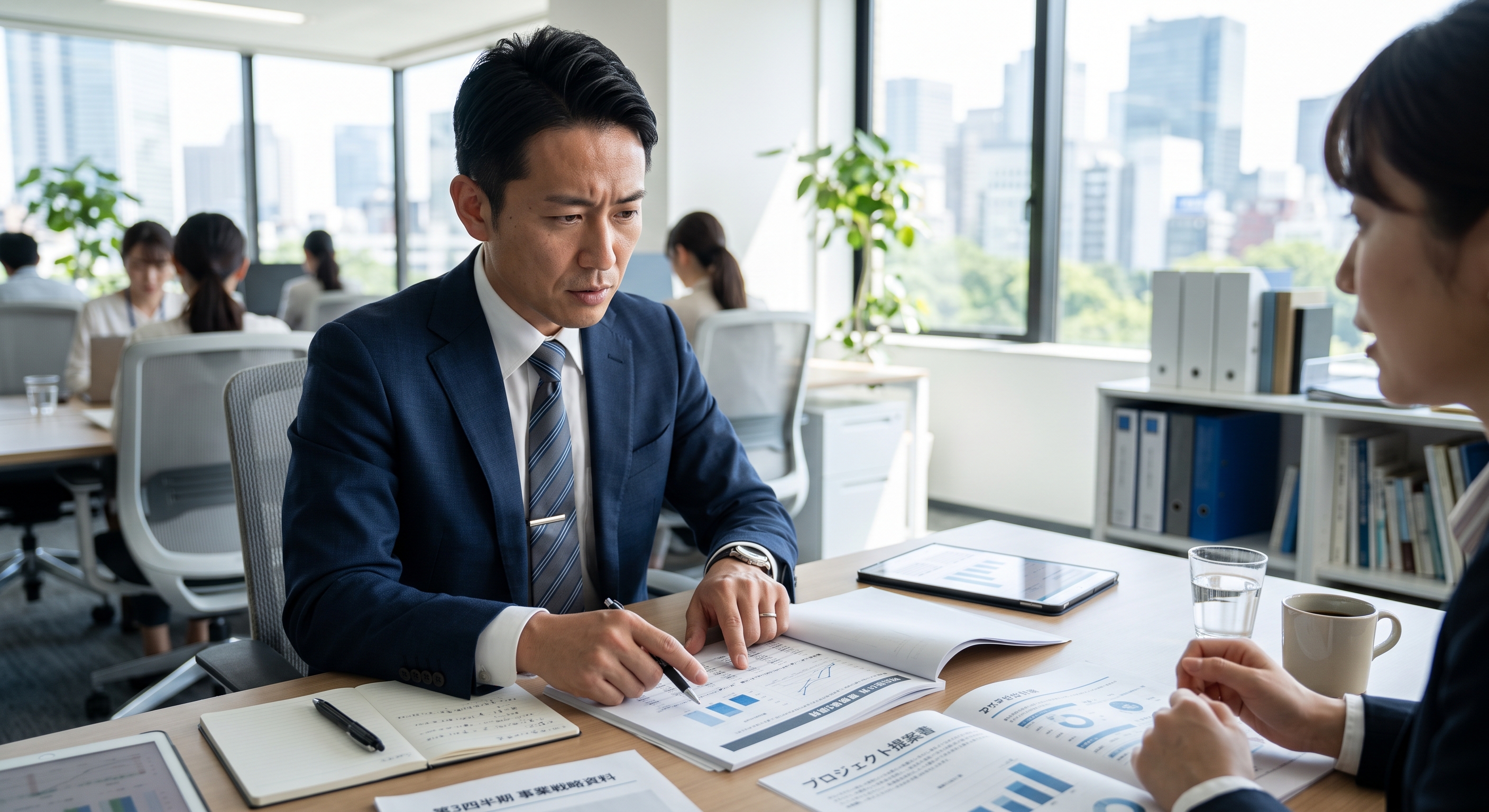 真剣な表情で戦略を立て相談に乗る探偵・専門家