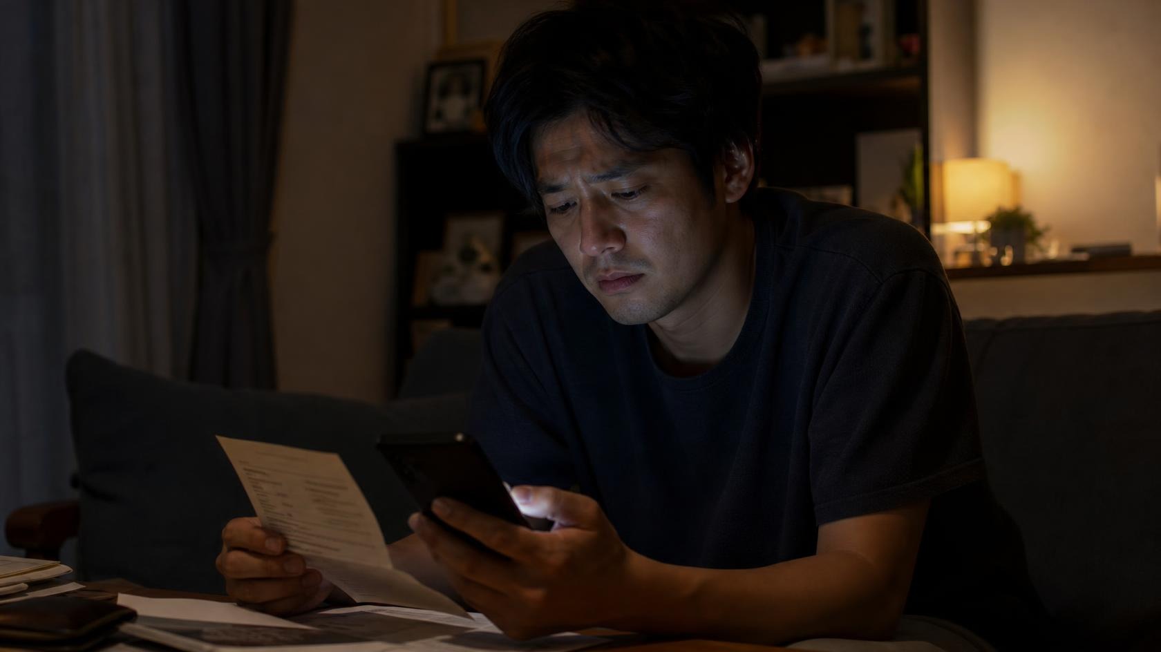 産後のセックスレスや使途不明金に悩み、リビングで一人明細を見つめる男性